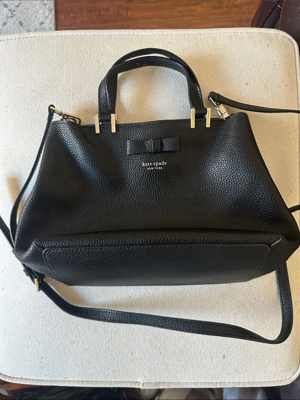 Kate Spade Black Pebbled Leather Satchel with Bow Accent and Gold Hardware